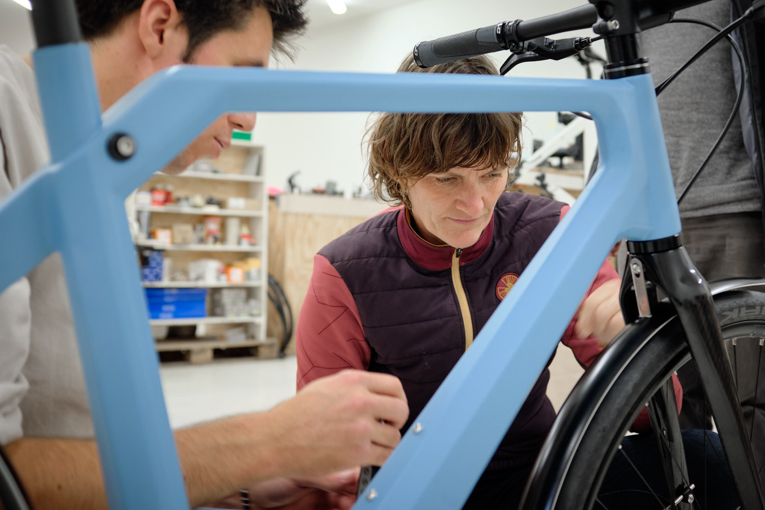 Mette Walsted doing quality control on a Erik urban bicycle in the bikefarm in Kelstrup, Slagelse for Danish bicycle company